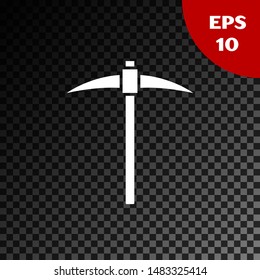 White Pickaxe icon isolated on transparent dark background. Blockchain technology, cryptocurrency mining, bitcoin, digital money market, cryptocoin wallet.  Vector Illustration