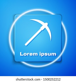 White Pickaxe icon isolated on blue background. Blockchain technology, cryptocurrency mining, bitcoin, digital money market, cryptocoin wallet. Blue square button. Vector Illustration