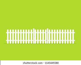 White Picket Fence With Gate Icon. Clipart Image Isolated On Green Background