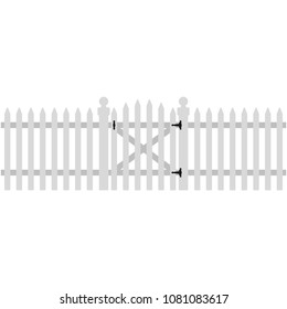 White Picket Fence and Gate Illustration - Traditional white picket fence with gate on black hinges representing American dream of suburbia