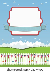 white picket fence with union jack bunting and frame with ribbon for your text