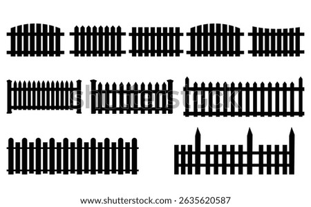 white picket fence  vector illustration .Wooden fence silhouette, rustic picket fence vector icon.Set of black fence on white background.picket logo.