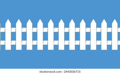 Vector de valla de piquete blanco sobre fondo azul, siluetas de piquete de valla blanca aisladas sobre fondo azul. Ilustración vectorial de dibujos animados