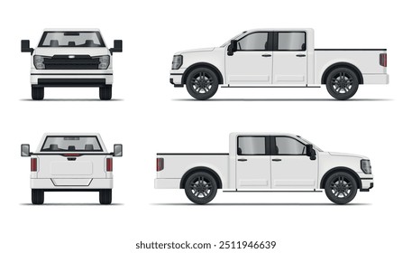 White pickup car automobile truck for cargo transportation front side back view realistic vector illustration. Auto transport vehicle SUV van for family travel road trip industrial freight moving