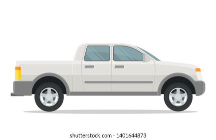 White pickup, side view. Blank template for branding, advertisement. Vector illustration, flat design style. Isolated on white background.