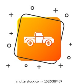 White Pickup truck icon isolated on white background. Orange square button. Vector Illustration