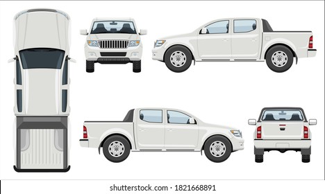 White pickup truck vector template with simple colors without gradients and effects. View from side, front, back, and top