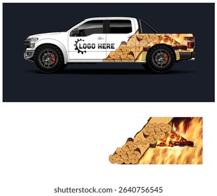 White pickup truck wrap design with a fiery wood log graphic. Perfect for lumberjacks, firewood businesses, or outdoor brands.