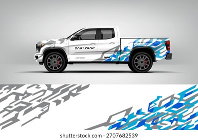 Weiße Pickup-Wrap mit blauen geometrischen gebrochenen Muster Formen, die eine schnelle, energetische und moderne Farbgebung. EPS-Vektor bereitgestellt.