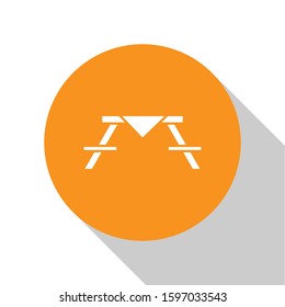 White Picnic table with benches on either side of the table icon isolated on white background. Orange circle button. Vector Illustration