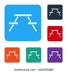 White Picnic table with benches on either side of the table icon isolated on white background. Set icons in color square buttons. Vector Illustration