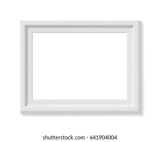 White picture frame. Landscape orientation. Minimalistic detailed photo realistic frame. Graphic design element for scrapbooking, art work presentation, web, flyers, posters. Vector illustration.