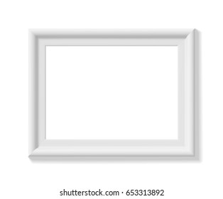 White picture frame. Landscape orientation. Minimalistic detailed photo realistic frame. Graphic design element for scrapbooking, art work presentation, web, flyers, posters. Vector illustration.