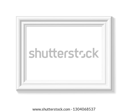 White picture frame. Landscape orientation. Minimalistic detailed photo realistic frame. Graphic design element for scrapbooking, art work presentation, web, flyers, posters. Vector illustration.