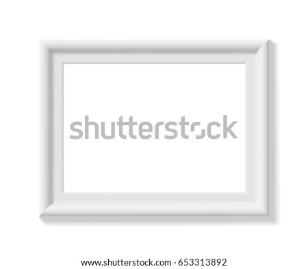 White picture frame. Landscape orientation. Minimalistic detailed photo realistic frame. Graphic design element for scrapbooking, art work presentation, web, flyers, posters. Vector illustration.