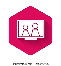 White Picture frame on table icon isolated with long shadow. Pink hexagon button. Vector Illustration