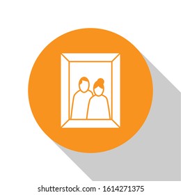 White Picture frame on table icon isolated on white background. Valentines Day symbol. Orange circle button. Vector Illustration