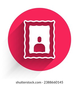 White Picture frame on table icon isolated with long shadow. Valentines Day symbol. Red circle button. Vector