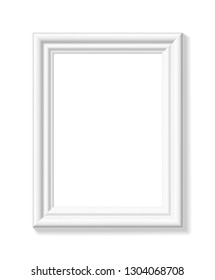 White picture frame. Portrait orientation. Minimalistic detailed photo realistic frame. Graphic design element for scrapbooking, art work presentation, web, flyers, posters. Vector illustration.