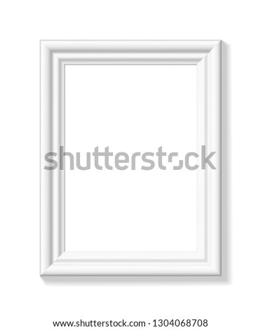 White picture frame. Portrait orientation. Minimalistic detailed photo realistic frame. Graphic design element for scrapbooking, art work presentation, web, flyers, posters. Vector illustration.