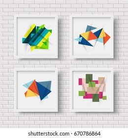 White picture frames with colorful geometric shapes on white brick wall. Vector set creative elements for design