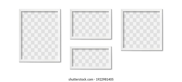 White picture frames. Empty gray simple image square border with shadow on gallery wall. Isolated photo framing design vector realistic 3D template with transparent place for image of different shape
