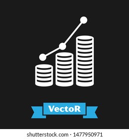 White Pie chart infographic and coin icon isolated on black background. Diagram chart sign.   Vector Illustration