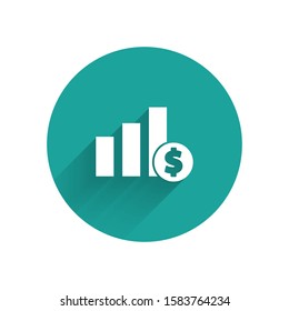 White Pie chart infographic and dollar symbol icon isolated with long shadow. Diagram chart sign. Green circle button. Vector Illustration