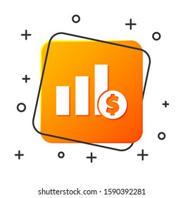 White Pie chart infographic and dollar symbol icon isolated on white background. Diagram chart sign. Orange square button. Vector Illustration