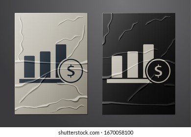 White Pie chart infographic and dollar symbol icon isolated on crumpled paper background. Diagram chart sign. Paper art style. Vector Illustration