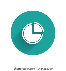 White Pie chart infographic icon isolated with long shadow. Diagram chart sign. Green circle button. Vector Illustration