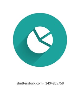 White Pie chart infographic icon isolated with long shadow. Diagram chart sign. Green circle button. Vector Illustration