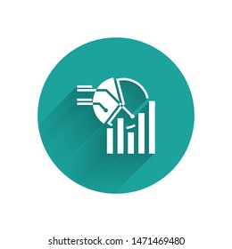 White Pie chart infographic icon isolated with long shadow. Diagram chart sign.  Green circle button. Vector Illustration