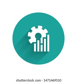 White Pie chart infographic icon isolated with long shadow. Diagram chart sign.  Green circle button. Vector Illustration