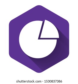 White Pie chart infographic icon isolated with long shadow. Presentation graph sign. Diagram chart sign. Market analytics symbol. Purple hexagon button. Vector Illustration
