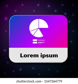 White Pie chart infographic icon isolated on black background. Diagram chart sign. Rectangle color button. Vector Illustration
