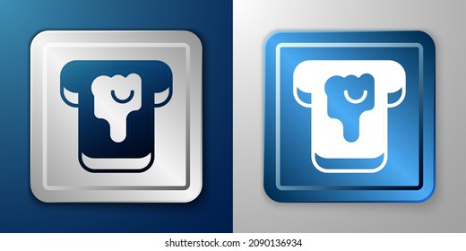 White Piece of bread with honey icon isolated on blue and grey background. Toast with jam or honey. Silver and blue square button. Vector