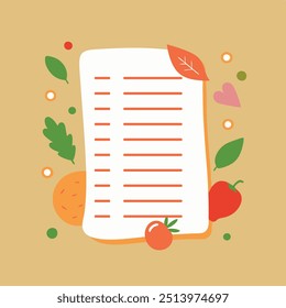 A white piece of paper with a list of fruits and vegetables on it. The paper is decorated with leaves and other natural elements