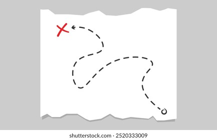 White piece of paper with a red X marks the spot on it. Vector illustration in flat style