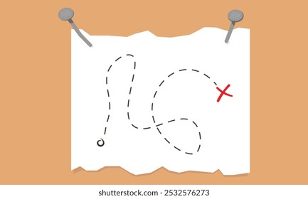 White piece of paper with a red X marks the spot pinned with nails