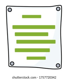 White piece of paper sheet icon. Poster with presentation nailed from four sides, abstract text information. Vector illustration of cartoon whatman with drawing plan, list, announcement, information