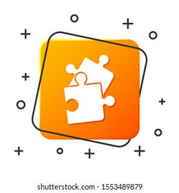 White Piece of puzzle icon isolated on white background. Business, marketing, finance, template, layout, infographics, internet concept. Orange square button. Vector Illustration