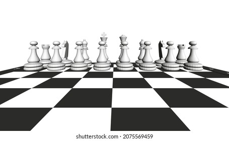 White pieces on a chessboard isolated on a white background. Front view. 3D. Vector illustration