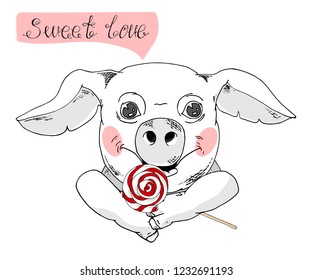White Pig and color lollipop. Hand drawn style print.  Have a style, nice text- lettering quote. Postcard, card, poster design, website design, logo, banner. Vector