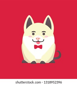 White pig, cute cartoon funny character. Symbol of Chinese horoscope New Year, Illustration of sitting animal with bow in flat style isolated on red vector