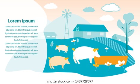 White Pig Eat from Feeders in Aviary on Farm. Vector Illustration. Natural Products. Farm Business. Advertising Image and Text. Website Screenshot. Pigs Graze in Territory Farm. Pasture Flowers.