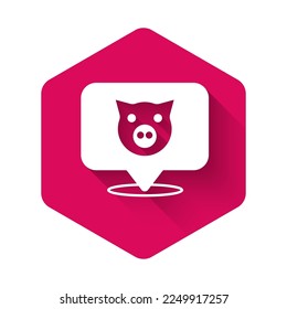 White Pig icon isolated with long shadow background. Animal symbol. Pink hexagon button. Vector