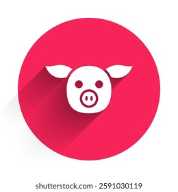 White Pig icon isolated with long shadow. Animal symbol. Red circle button. Vector