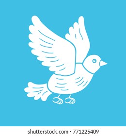White pigeon bird or dove flying, flat icon.
