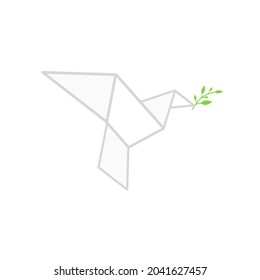 A white pigeon carries olive branch on its beak as symbol of peace flat design icon for International Day of Peace. Simple vector illustration of bird origami. In white background or art board.